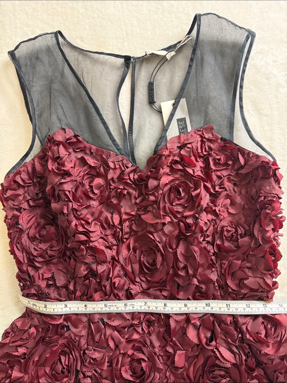 NWT Tracy Reese Burgundy Silk Rosette Floral Cocktail Dress Illusion Mesh Size 8 - Picture 10 of 16